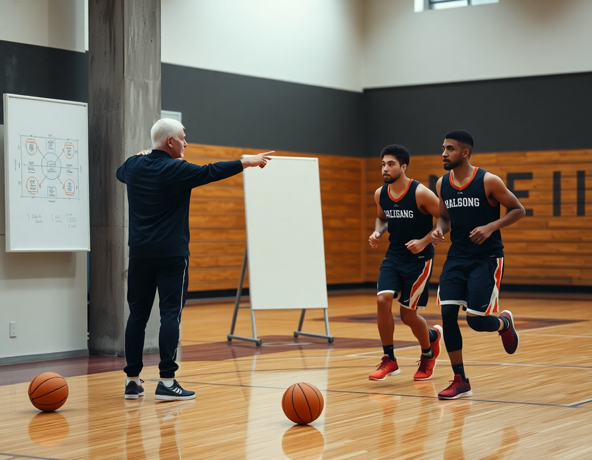Coach points at a whiteboard as players run a basketball drill beside concrete columns.