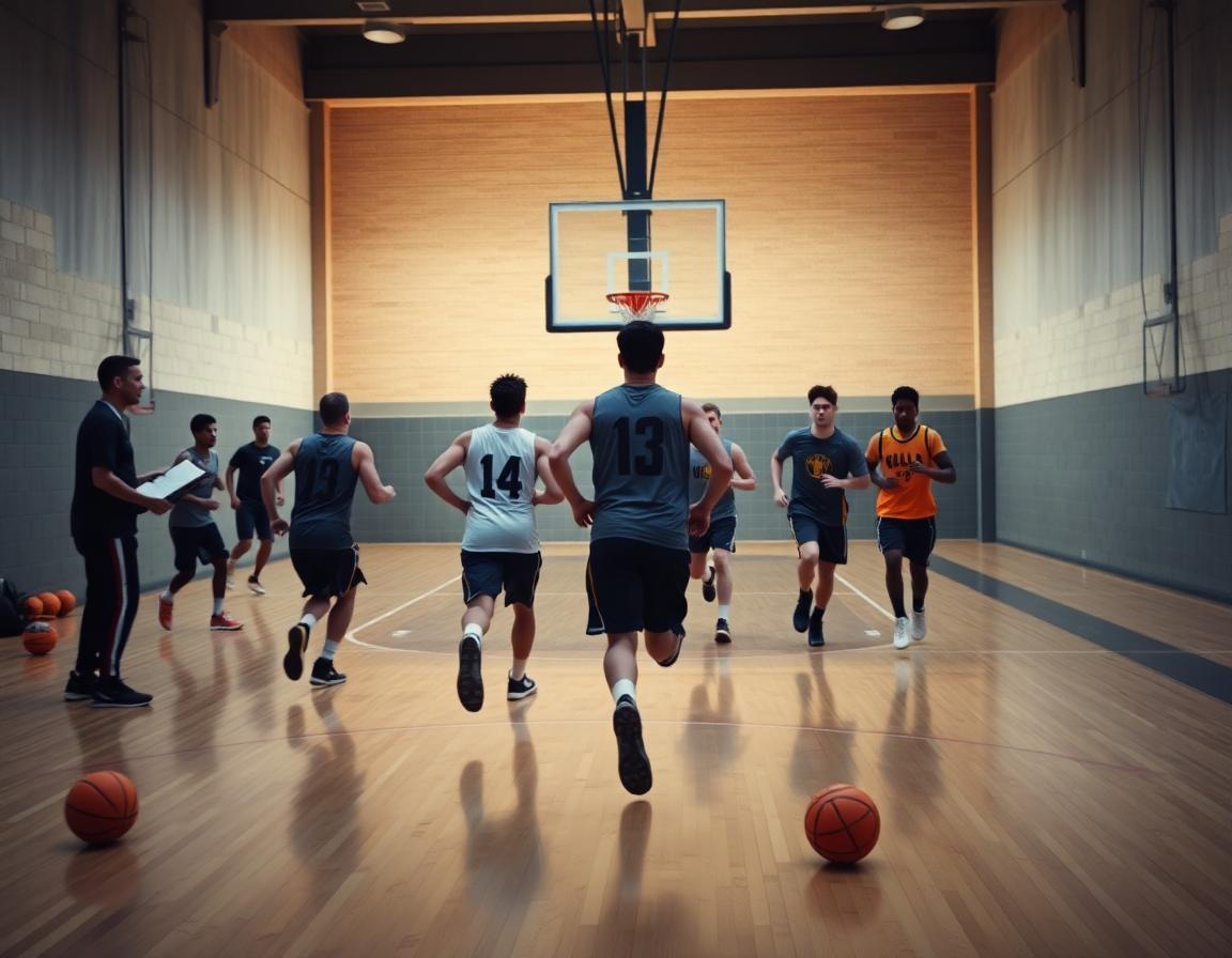 Wide view of players sprinting a fast break toward the basketball hoop with coach supervising.