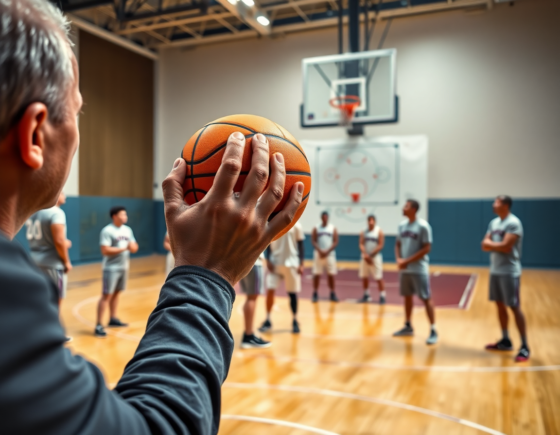 Allenatore disegna esercizi tiro basket squadra su lavagna, giocatori in abbigliamento da allenamento si preparano.