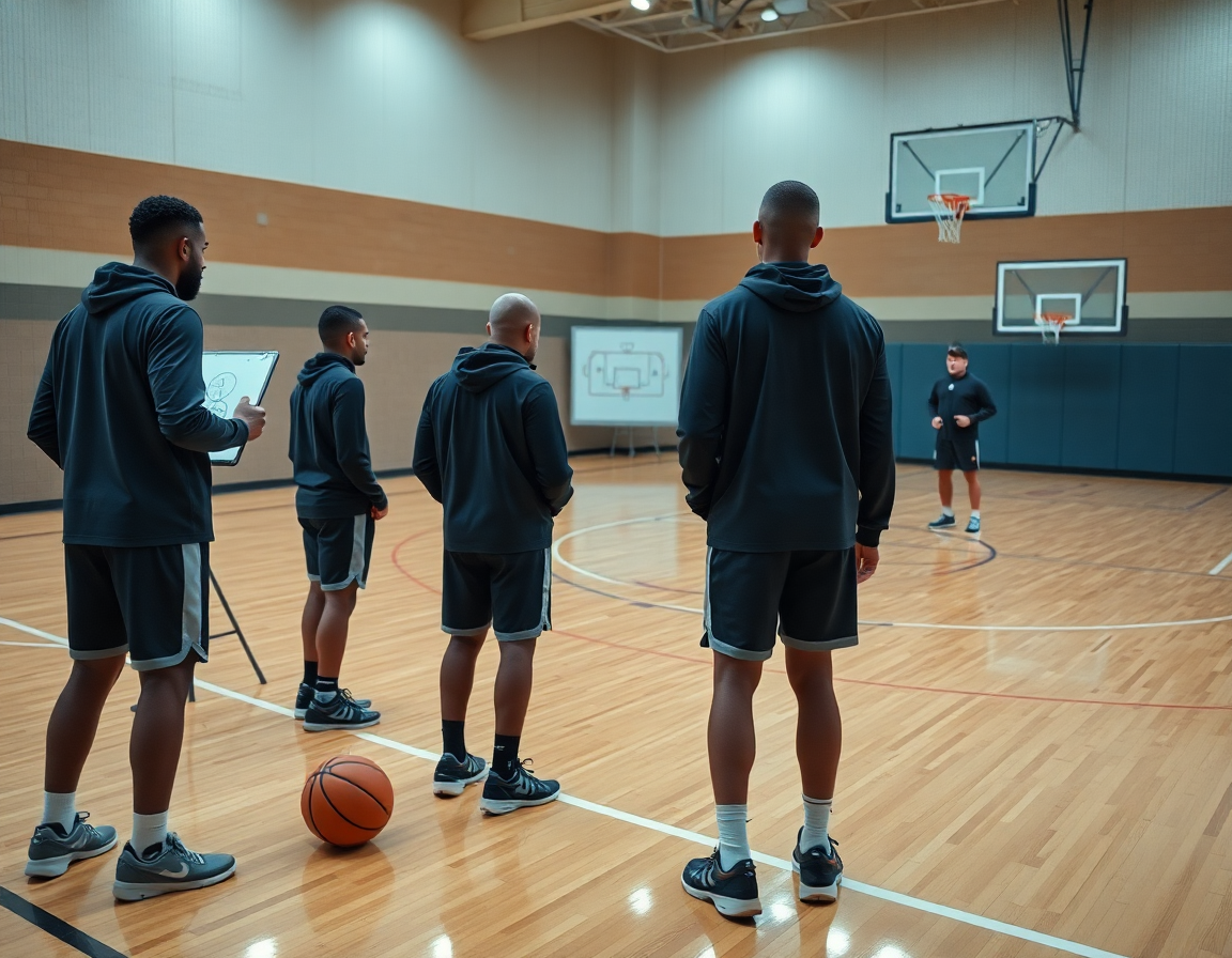 Giocatori osservano esercizi tiro basket squadra su tablet, coach che spiega le correzioni post-allenamento.