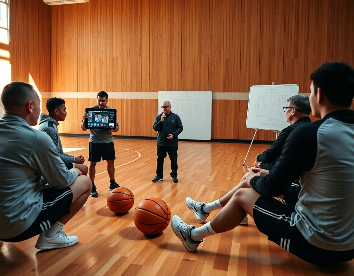 Gruppo di giocatori osserva esercizi tiro basket squadra su tablet, coach indica le note tattiche.