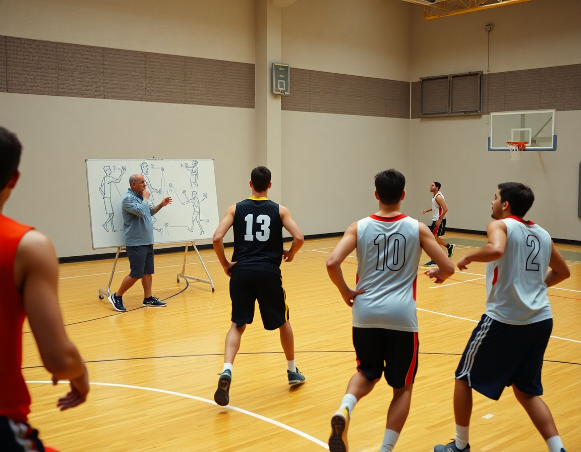 Disegnare azioni di allenamento: coach indica movimenti su lavagna tattica durante l'allenamento di basket.