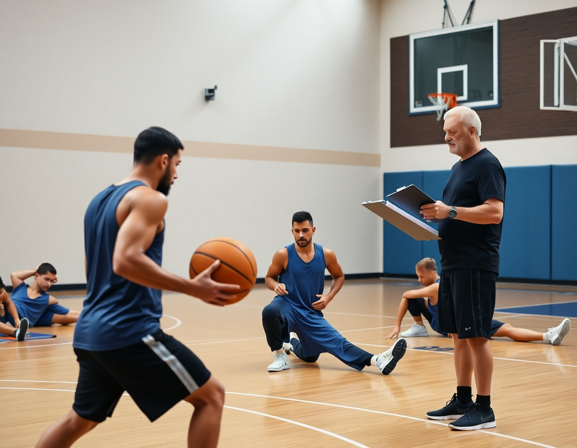 Plano ravvicinato su mobilità, core e agilità nell'esercizio riscaldamento basket in palestra.