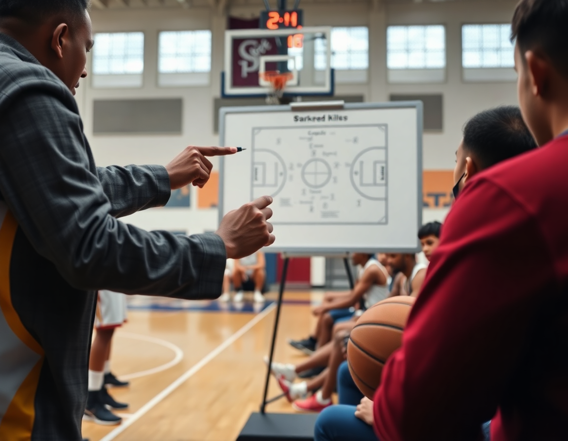 Coach demonstrates a play on the whiteboard as players watch, fip corso allenatore minibasket.