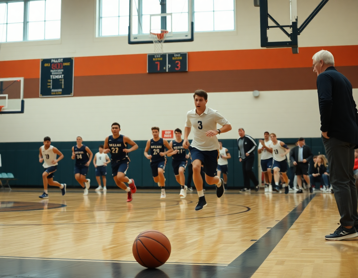 Full-court drill with players sprinting into a basketball play, coach shouting from the sideline, fip corso allenatore minibasket.