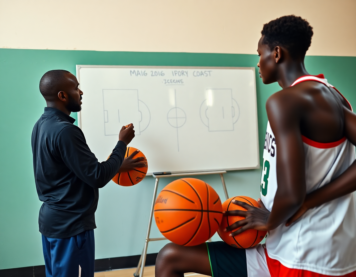 Allenatore spiega una giocata di basket u16 mali cote d ivoire mentre due giocatori osservano.