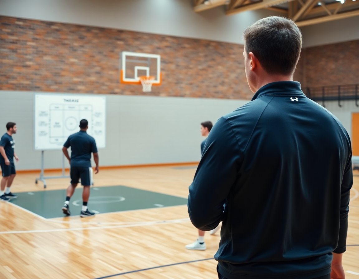 Primo piano sull'allenatore che indica la tattica durante riscaldamento basket esercizi, giocatori in allenamento.