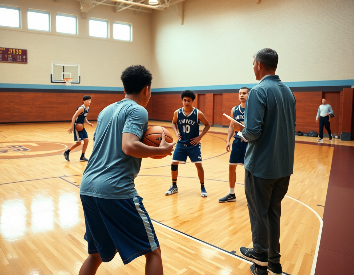 Scena di medio livello: giocatori eseguono riscaldamento palleggio sul parquet di basketball, coach osserva.