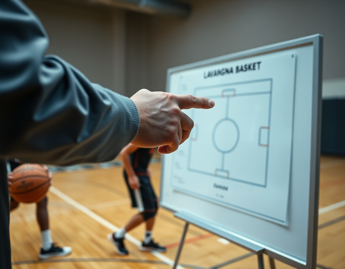 Primo piano: mano dell'allenatore che indica una lavagna basket mentre continua l'allenamento.