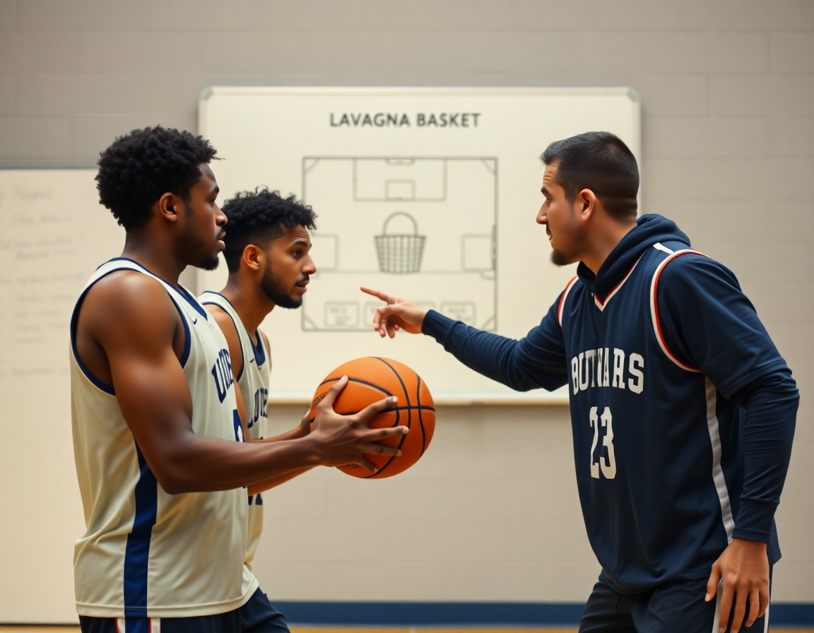 Due giocatori tengono una palla e si scambiano passaggi, coach che spiega su lavagna basket.