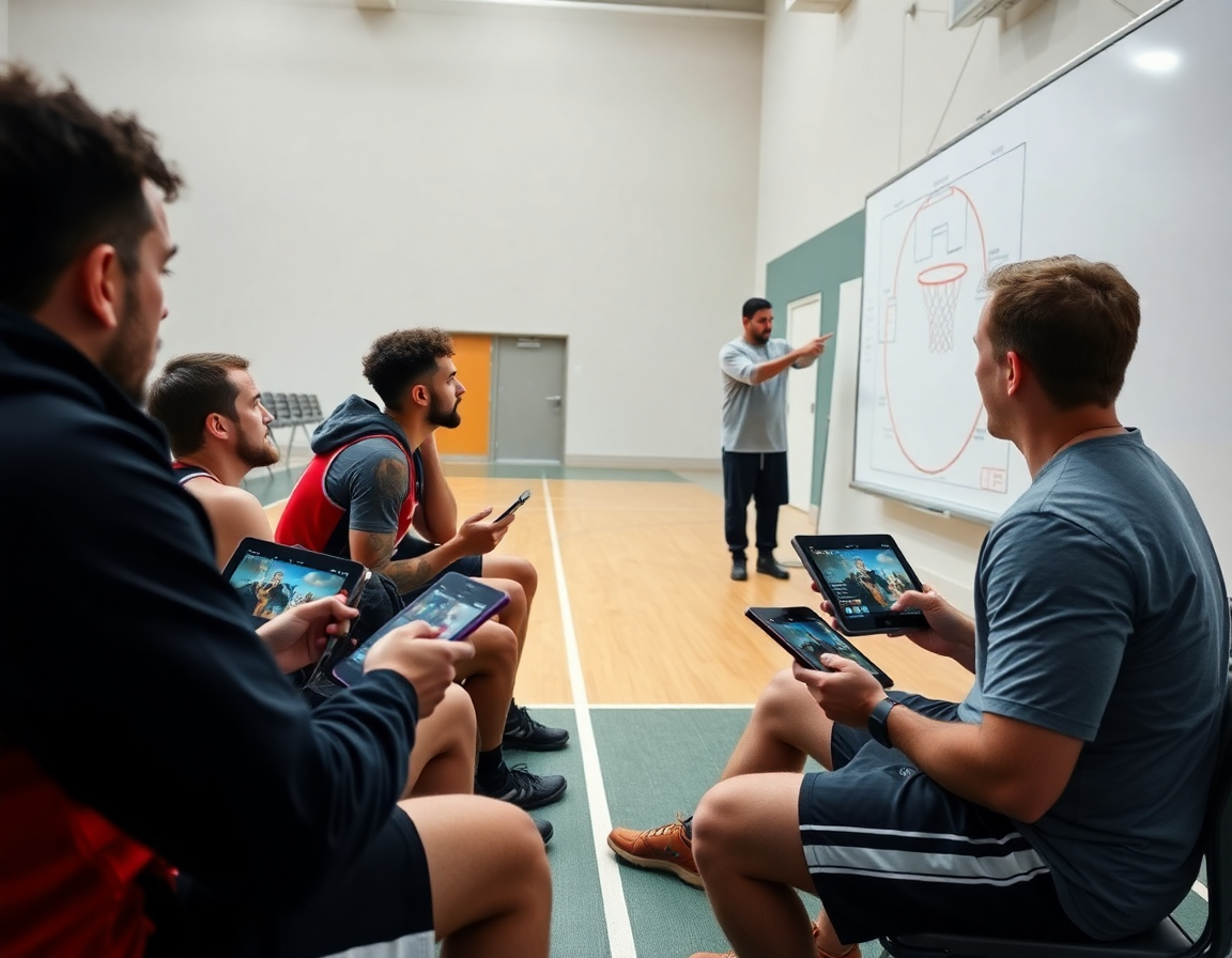 Giocatori a bordo campo guardano clip sul tablet, lavagna basket sul muro che guida la sessione.