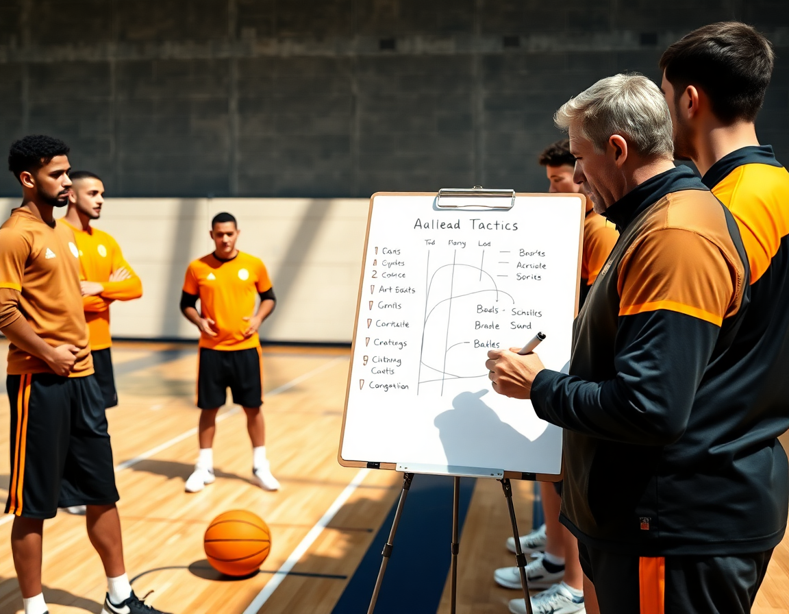 Lavagna basket personalizzata in primo piano durante l'allenamento di basketball con coach e giocatori.