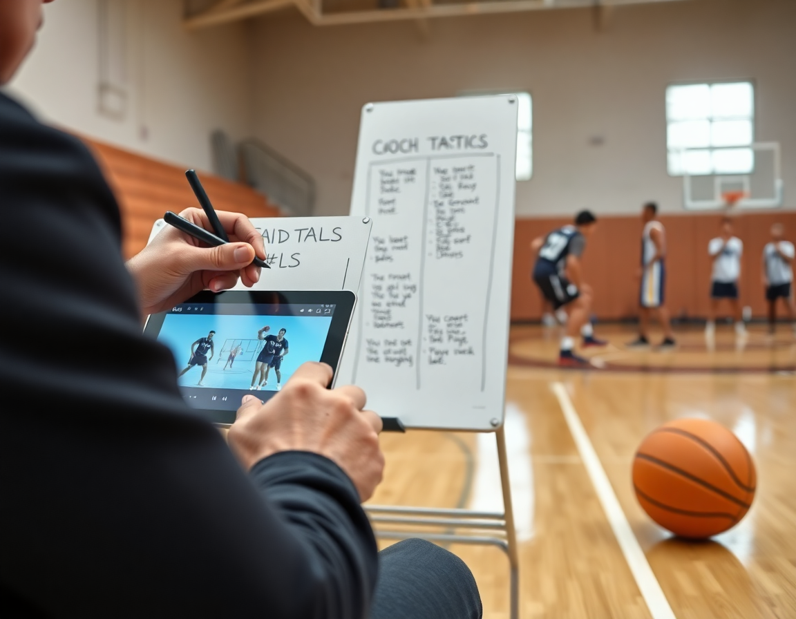 Primo piano su lavagna basket personalizzata guidando una sequenza di basketball durante l'allenamento.
