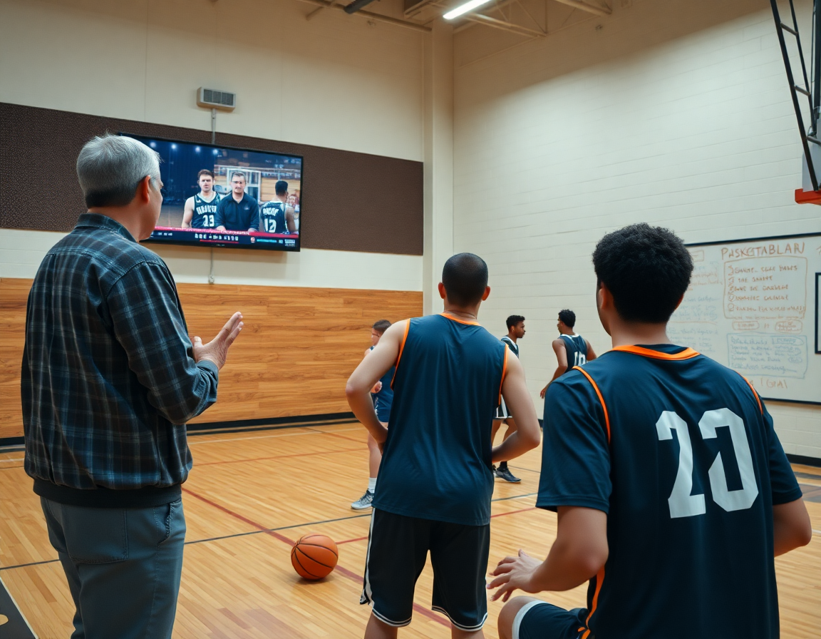Lavagna basket personalizzata visibile accanto al monitor durante il scouting video e l'allenamento.