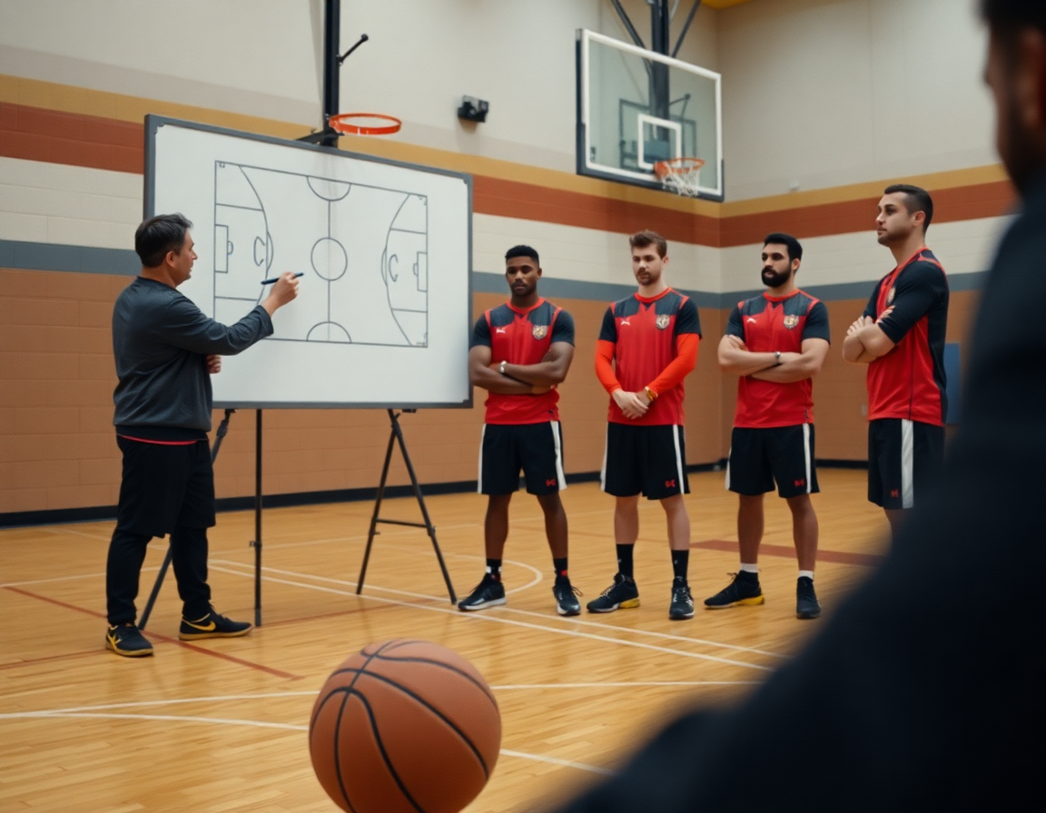 Dettaglio ravvicinato della lavagna schemi basket mentre l'allenatore disegna una giocata di basketball.