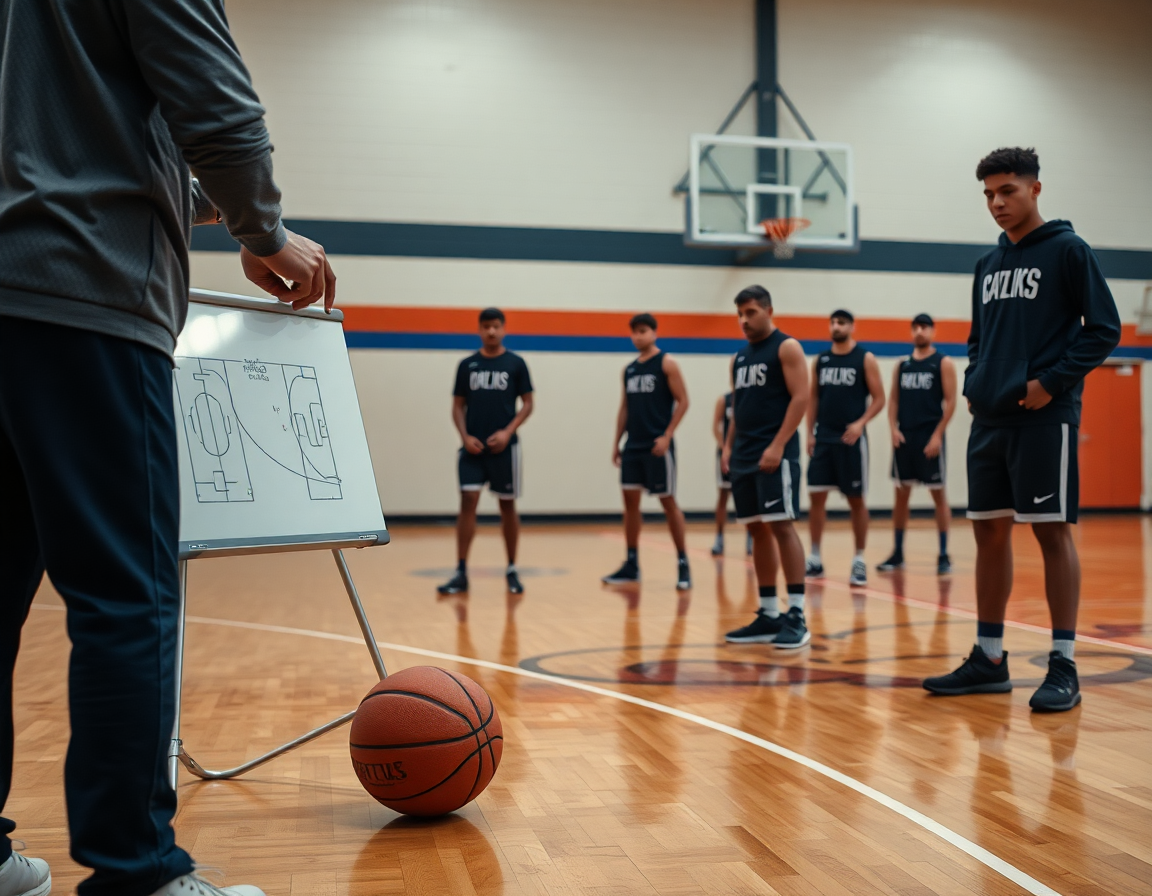 Mano vicino alla lavagna schemi basket che disegna una giocata di basketball, pubblico sfocato.