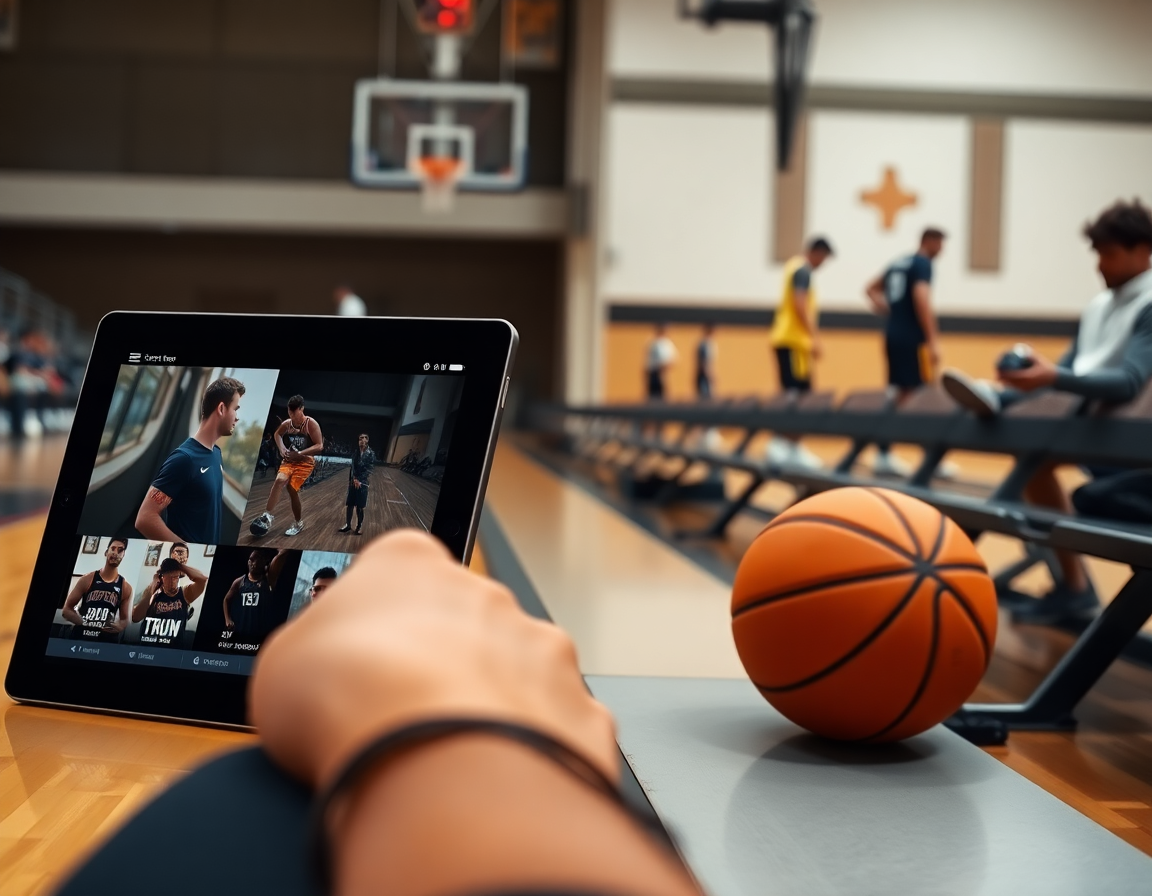Clip di scouting su tablet con lavagna schemi basket visibile mentre i giocatori osservano basketball sul parquet.