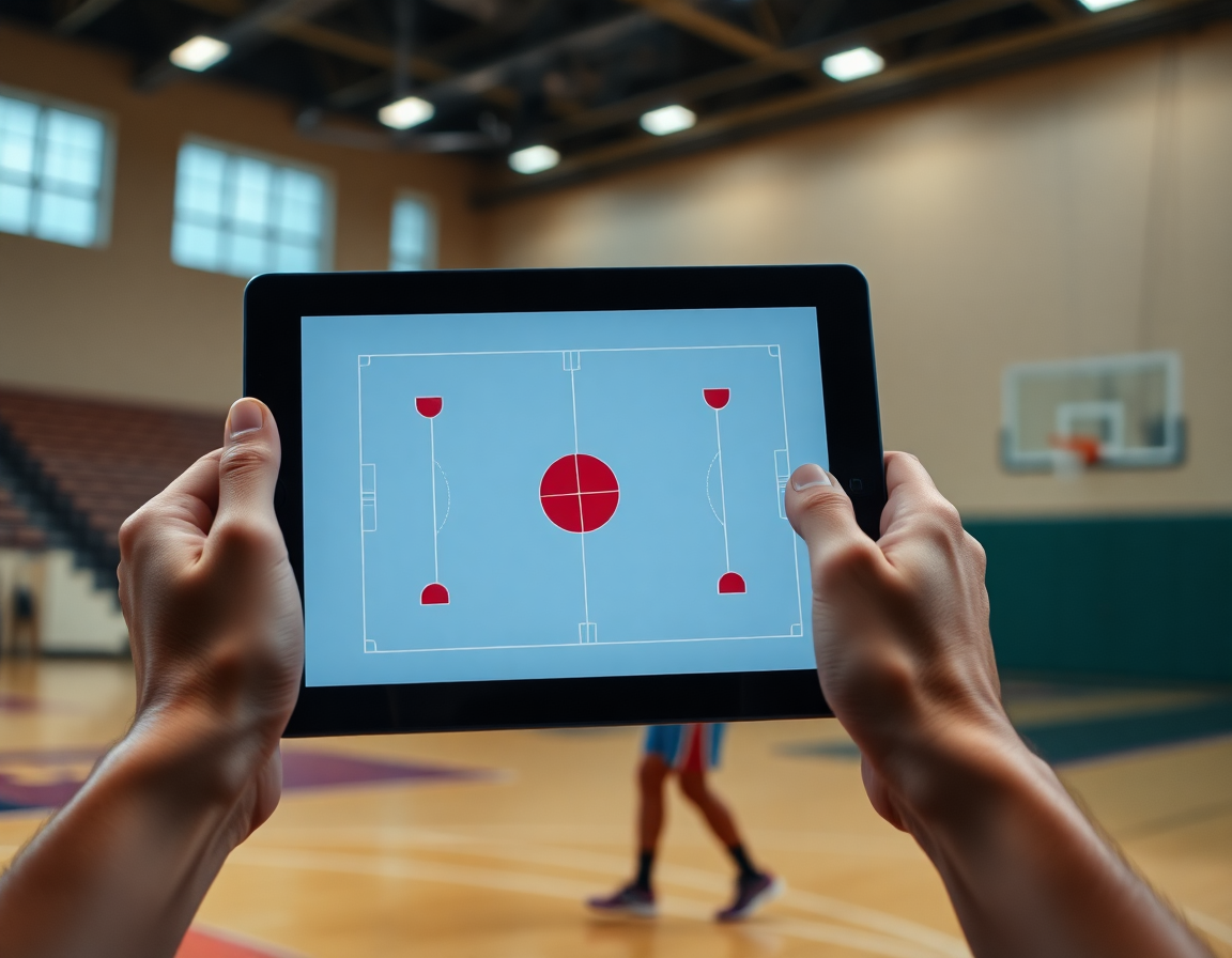 Primo piano su mani e tablet con lavagna tattica basket app durante l'allenamento.