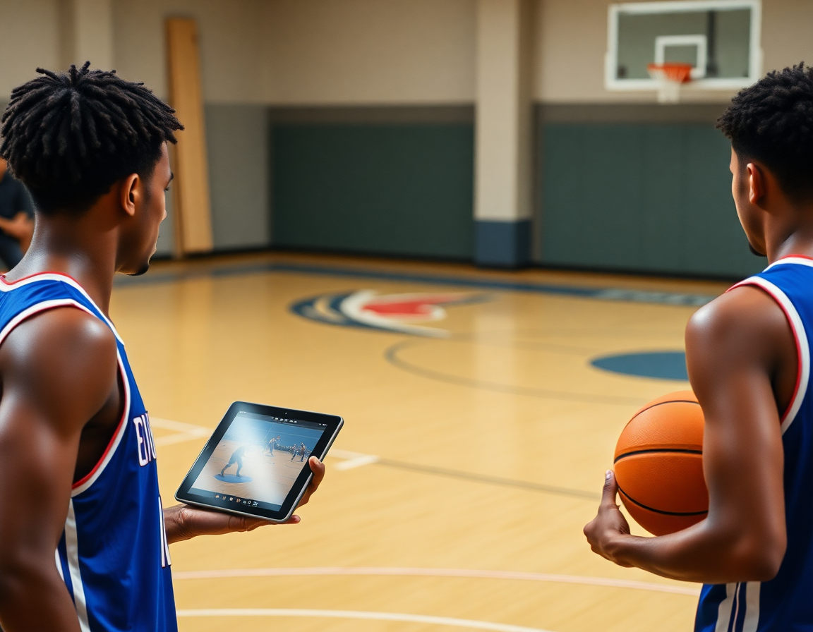 Giocatori corrono in ripetizione mentre l'allenatore mostra la lavagna tattica basket app.
