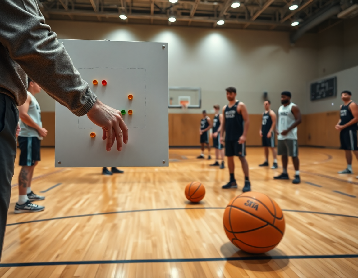 Dettaglio su lavagna tattica basket e mani del coach durante un allenamento di basketball.