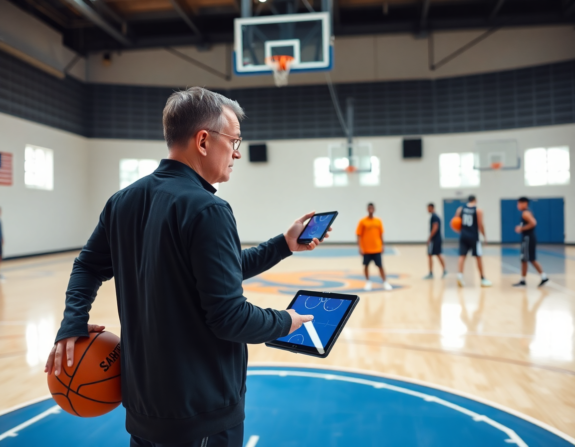 Scena ampia: lavagna tattica basket e tablet digitale, giocatori in allenamento basketball sul campo.