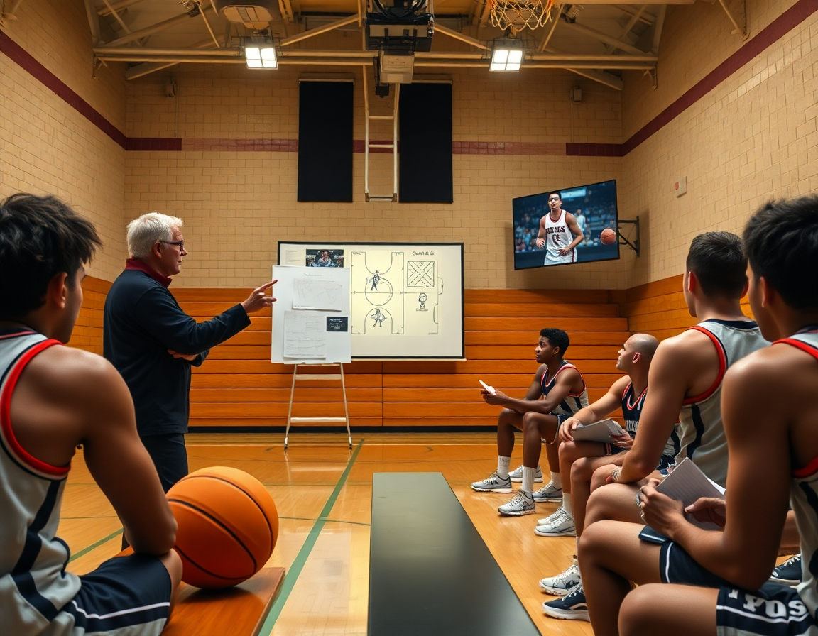Allenatore collega clip video alle tattiche su lavagna tattica basket mentre i giocatori osservano basketball sullo schermo.