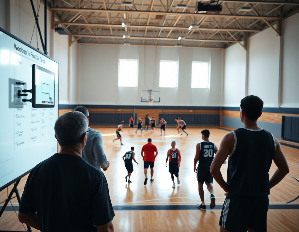 Allenatore accanto a lavagna tattica basket lcd traduce obiettivi settimanali in esercizi di basket sul parquet.