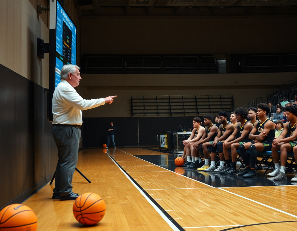 Allenatore indica lavagna tattica basket lcd con note sull'avversario durante timeout, giocatori sul campo di basket.