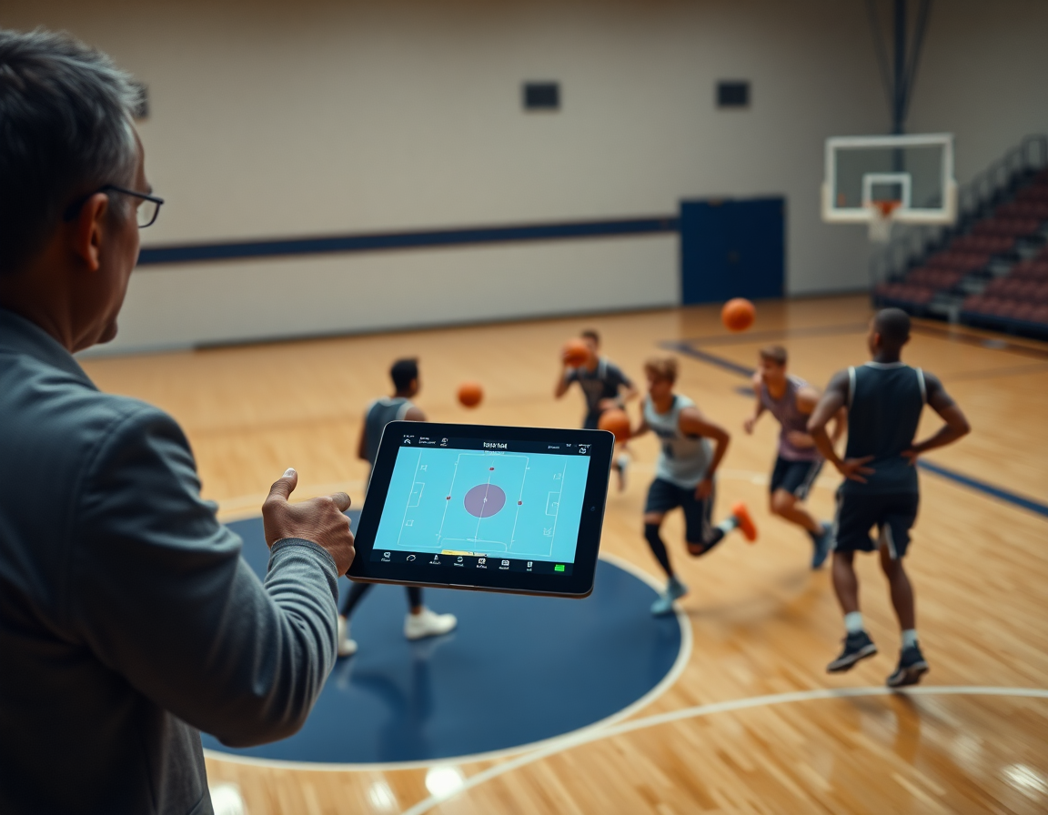 Lavagna tattica basket online sul tablet guida una sessione di basketball: coach e giocatori sul parquet.
