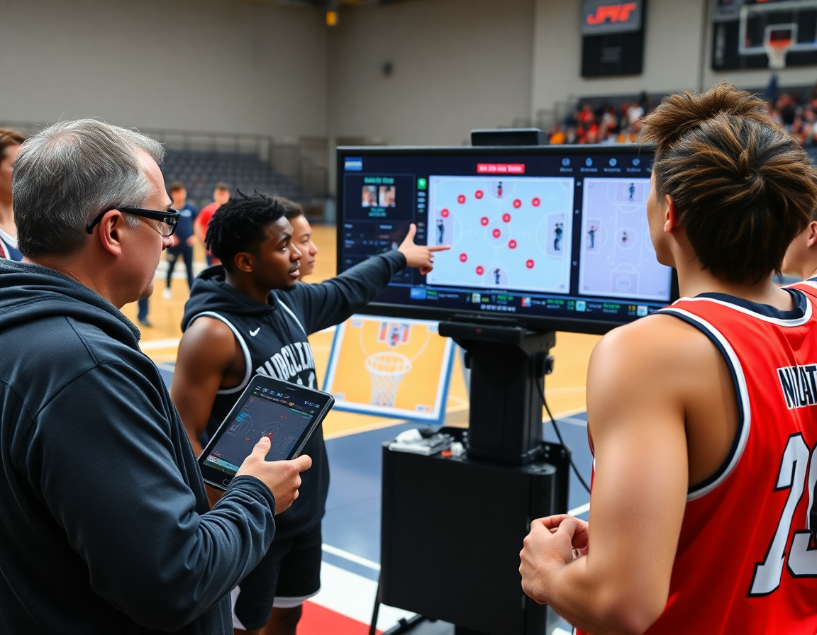 Allenatore esamina clip scouting sul tablet vicino a una lavagna tattica online per basketball.