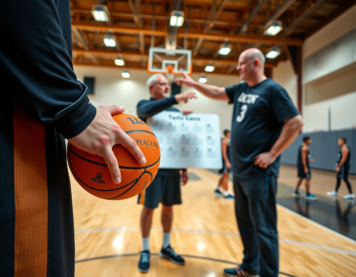 Primo piano su mani che tengono un pallone da basket, lavagna tattica basket online gratis sullo sfondo.