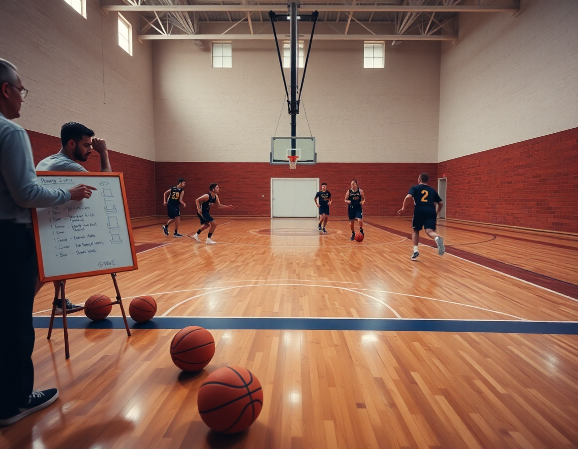 Scena di sprint di squadra su campo in legno, coach mostra lavagna tattica basket online gratis.