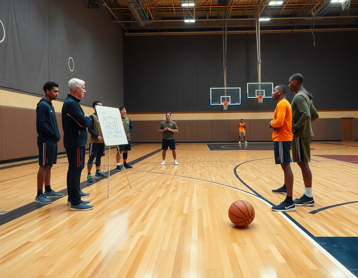 Una lavagna tattica basket personalizzata guida i movimenti della pallacanestro durante l'allenamento.