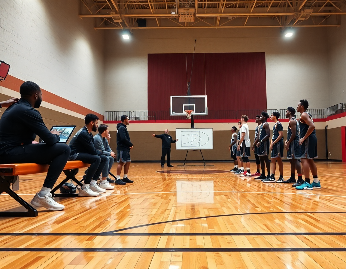Una lavagna tattica basket personalizzata mostra la clip mentre i giocatori imitano la pallacanestro sul campo.