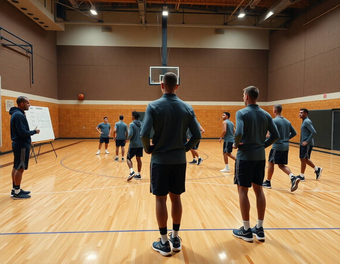 Primo piano su coach e giocatori mentre una lavagnetta tattica basket personalizzata guida una drill di basketball.