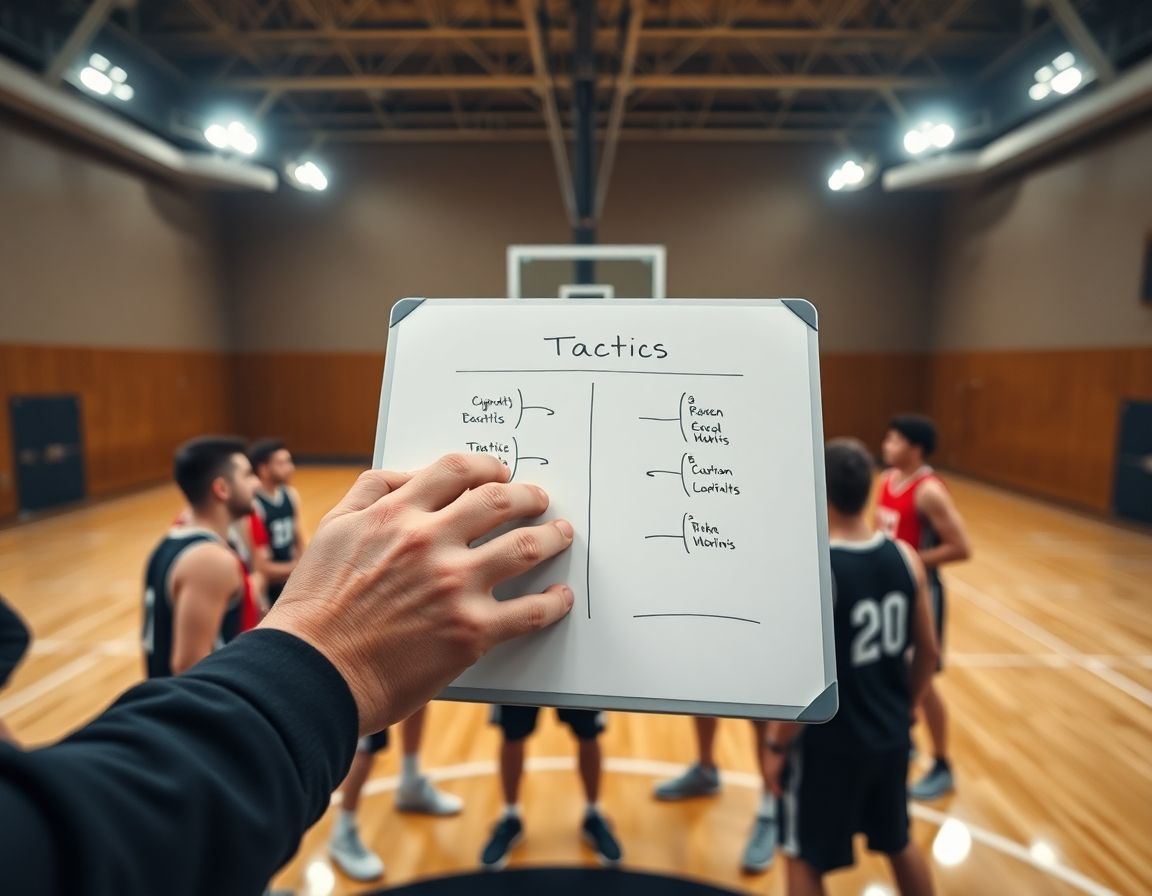 Mani di coach su una lavagnetta tattica basket personalizzata, giocatori al parquet seguono una drill.