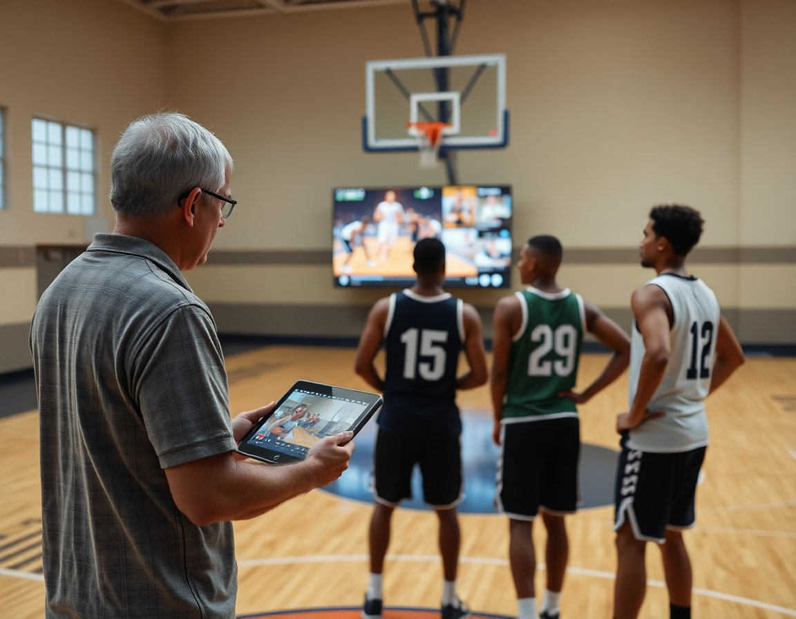 Coach usa tablet per clip video: lavagnetta tattica basket personalizzata e schermo sul parquet.