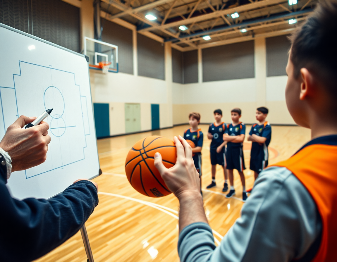 Dettaglio primo piano: mani e palleggio su un pallone arancione durante un drill di minibasket.
