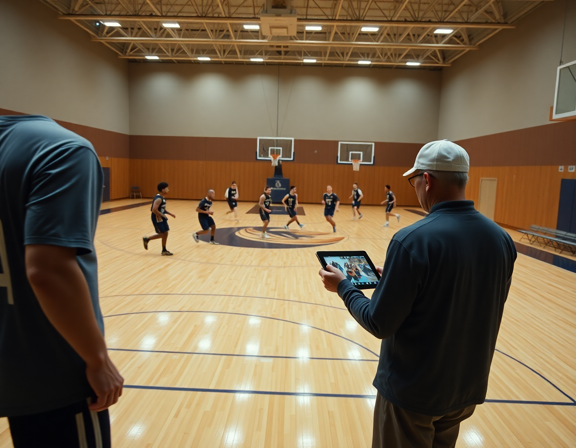 Scena ampia di minibasket in palestra, coach che controlla i video sul tablet durante l'allenamento di basketball.
