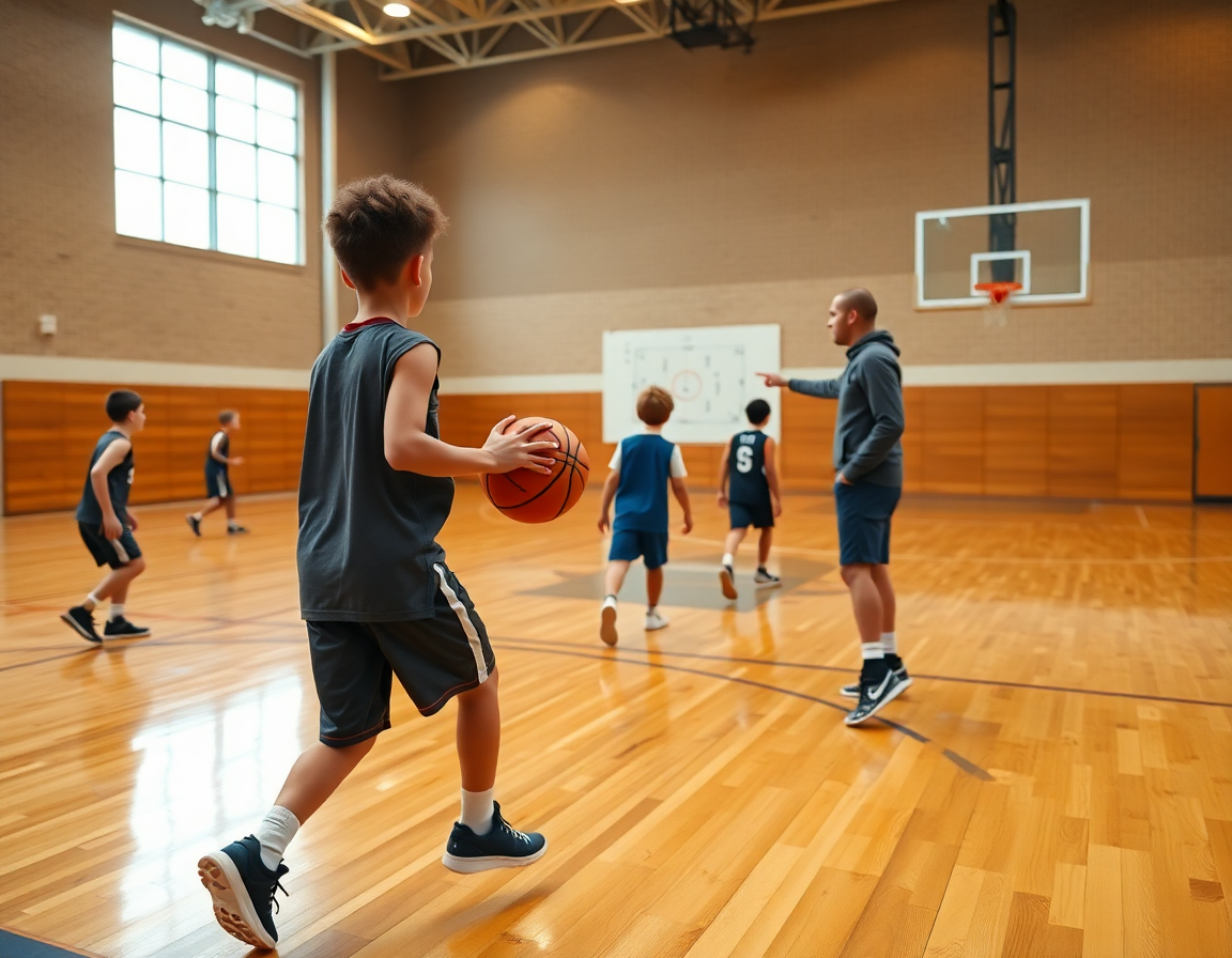 Minibasket info: passaggi e dribbling tra giovani sul parquet della palestra colorata.