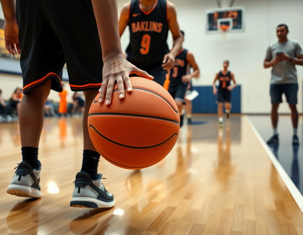 Minibasket info: mani su un arancione basketball durante drill di velocità sul parquet.