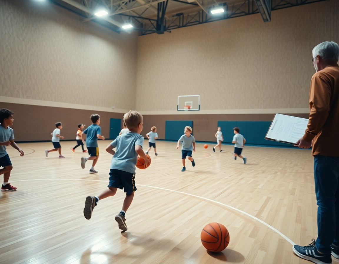 Minibasket info: scena di gioco reale con bambini e coach sullo sfondo della palestra.