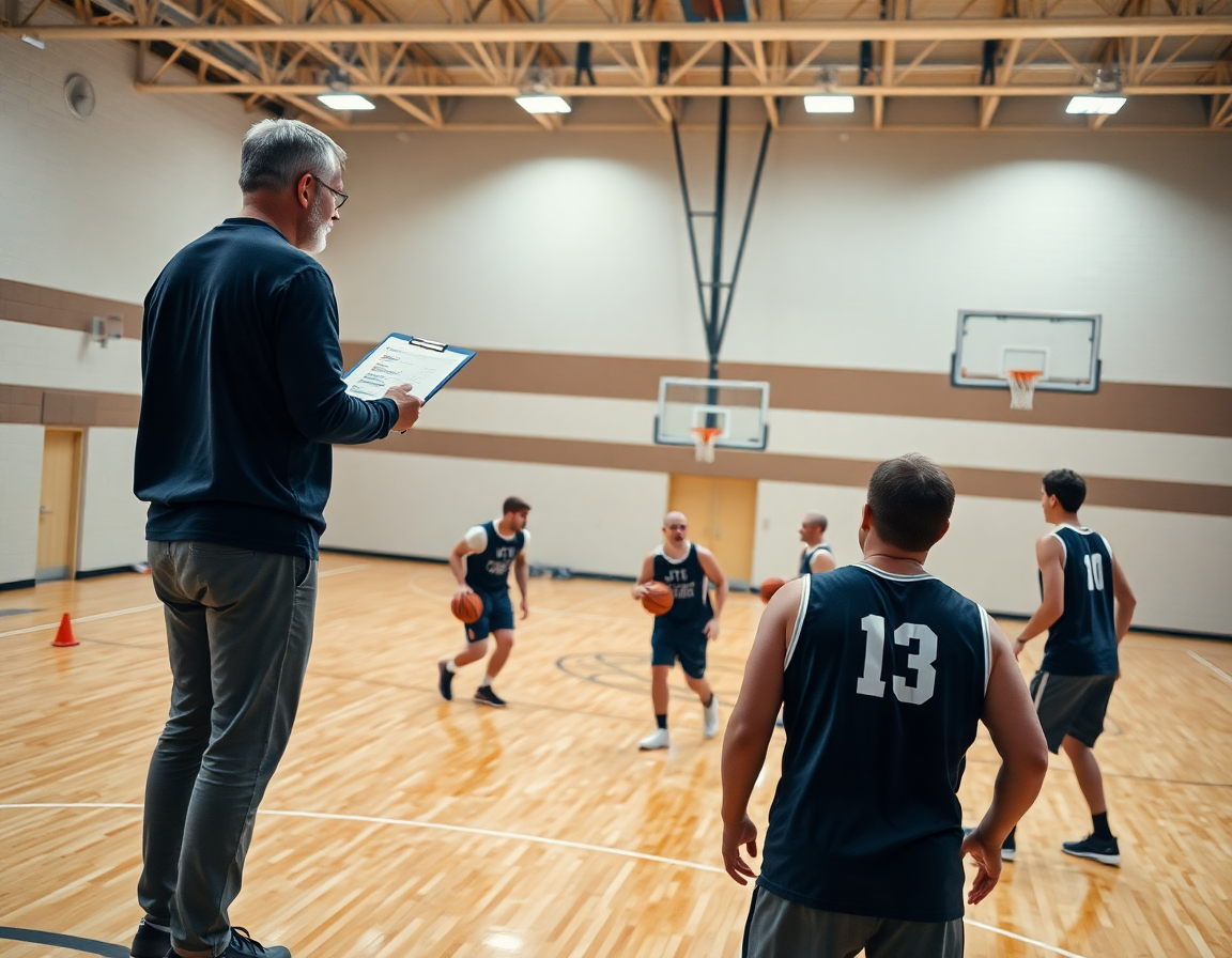Allenatore in palestra di basketball usa whiteboard per spiegare la tecnica del pick and roll.