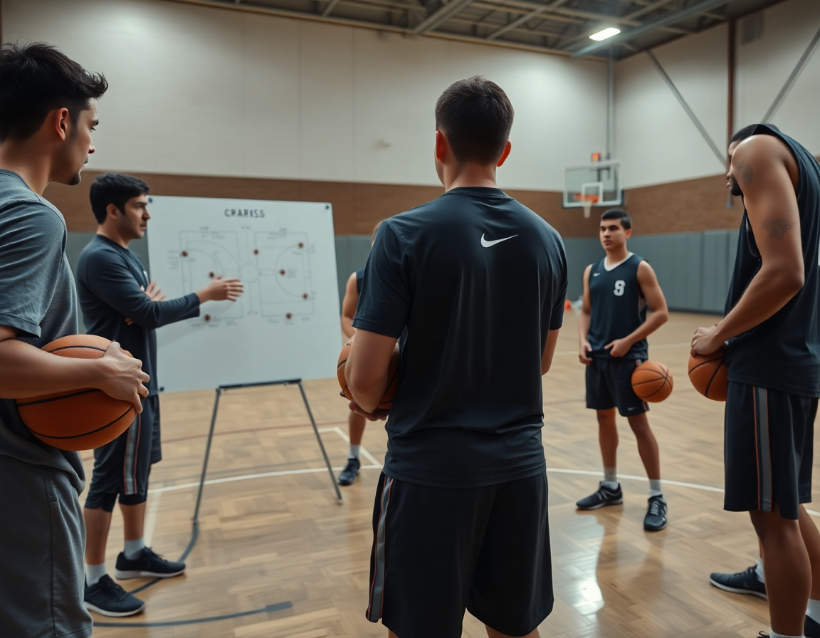 Primo piano sull'allenatore con lavagna mentre guida l'azione di online basket; giocatori concentrati e palleggiano.