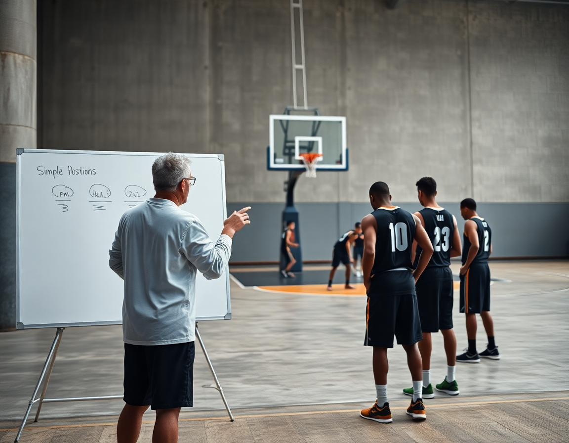 Allenatore mostra posizioni su lavagna durante online basket, giocatori vicino al canestro praticano.