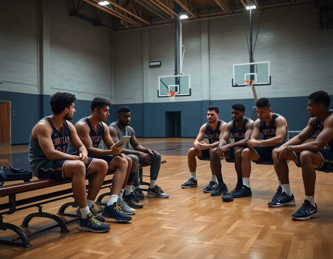 Allenatore mostra clip su tablet ai giocatori di online basket, canestro e pavimento in cemento in vista.