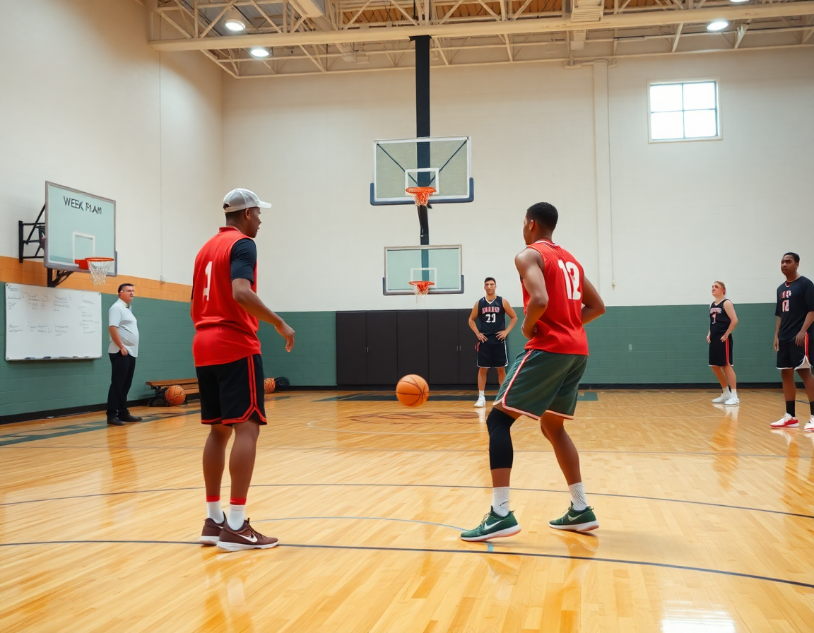 Scena di basketball in palestra: l'allenatore indica il piano settimanale guidando due giocatori nel pick and roll.