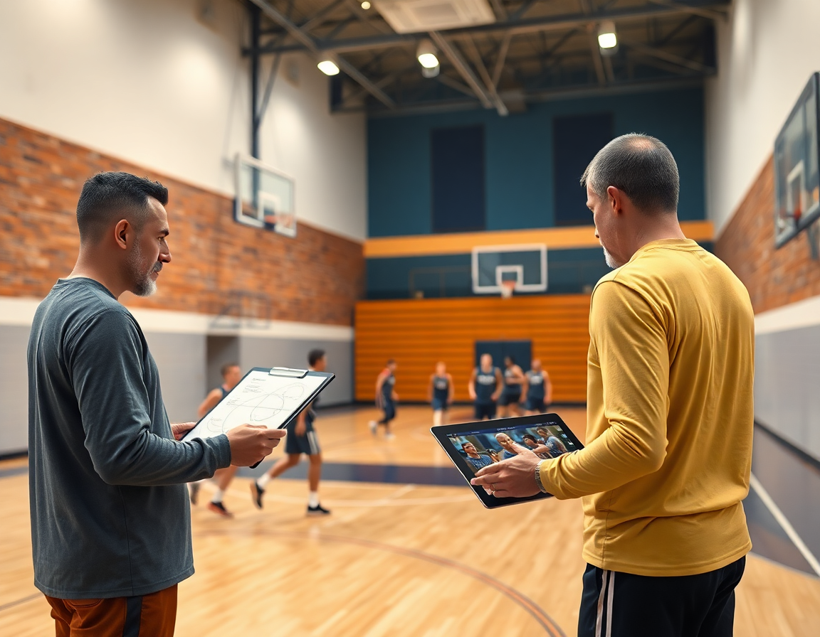 Interno palestra di basketball: piano settimanale e workflow di allenamento guidati da un coach.