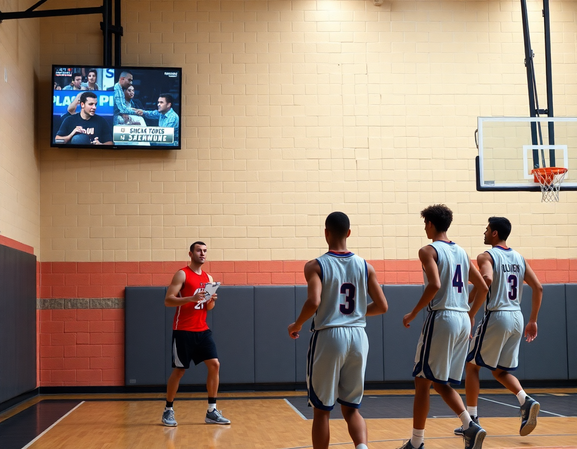 Scena di basketball in palestra: proiezione di difese avversarie e note tattiche sul pickup e roll.
