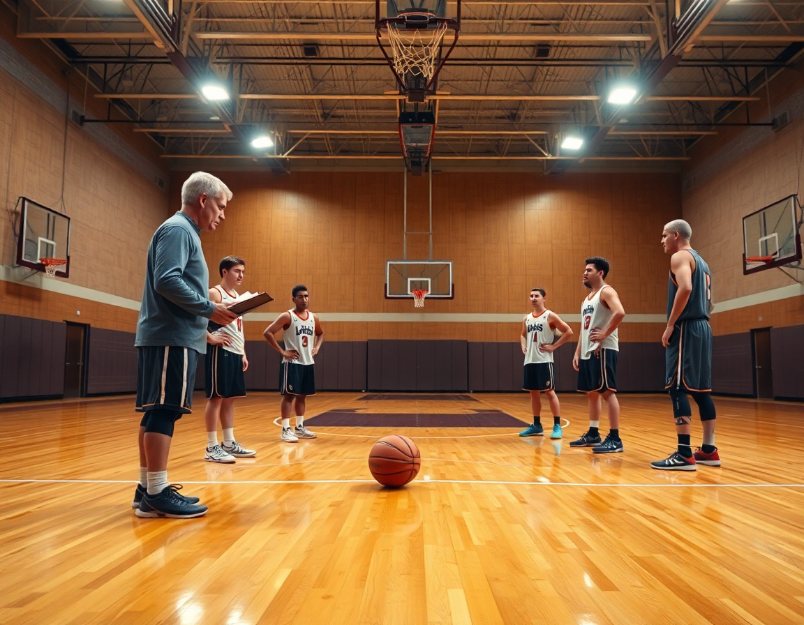 Allenatore mostra libri tattica basket trasformati in una spiegazione pratica durante l'allenamento di basketball.